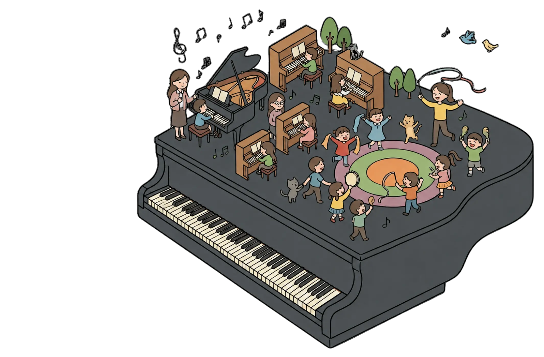 ピアノ＆リトミック教室 Waltz の世界 — ピアノを舞台にレッスン中の子どもたちのイラスト